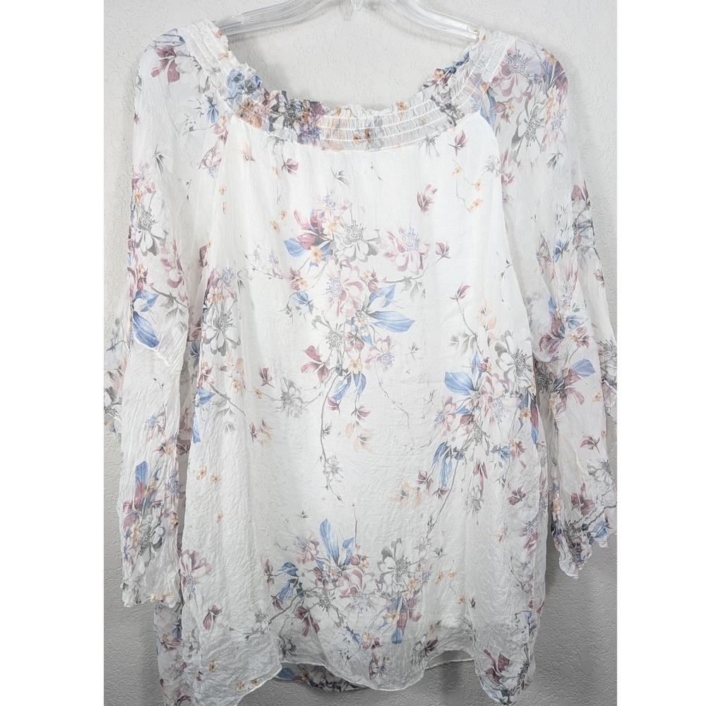 Viola Borghi Italian Silk Floral Blouse Womens 2X White Blue Smocked Bell Sleeve